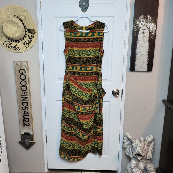Sag Harbor Dresses & Skirts - Vintage SAG HARBOR Tribal/Animal Print Faux Wrap Sleeveless Midi Dress Sz 14